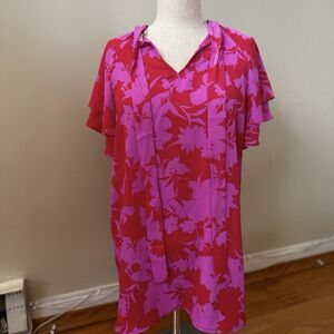 Pleione Women's Floral Blouse Tie Back Flutter Pink XL EUC Retro Spring Resort